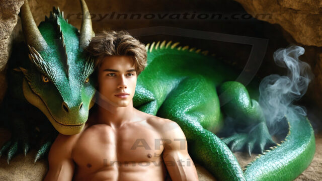 The Dragon Prince - A very attractive shirtless young male prince, with his dragon. The Dragon Prince - A very attractive shirtless young male prince, with a muscular body. Handsome, beautiful facial features, standing next to him a huge dragon, the dragon staring directly at camera, with his piercing eyes, his mouth slightly opened, degerming if we could be a threat.