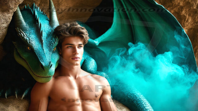 The Dragon Prince - A very attractive shirtless young male prince, with his dragon. The Dragon Prince - A very attractive shirtless young male prince, with a muscular body. Handsome, beautiful facial features, standing next to him a huge dragon, the dragon staring directly at camera, with his piercing eyes, his mouth slightly opened, degerming if we could be a threat.