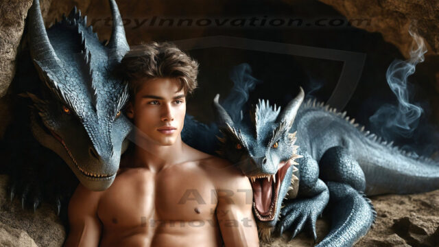 The Dragon Prince - A very attractive shirtless young male prince, with his dragon. The Dragon Prince - A very attractive shirtless young male prince, with a muscular body. Handsome, beautiful facial features, standing next to him a huge dragon, the dragon staring directly at camera, with his piercing eyes, his mouth slightly opened, degerming if we could be a threat.