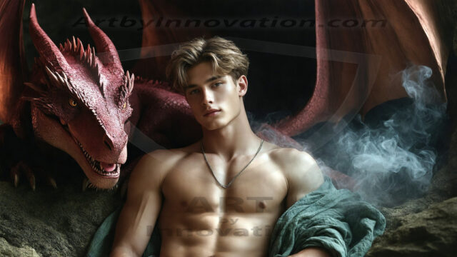 The Dragon Prince - A very attractive shirtless young male prince, with his dragon. The Dragon Prince - A very attractive shirtless young male prince, with a muscular body. Handsome, beautiful facial features, standing next to him a huge dragon, the dragon staring directly at camera, with his piercing eyes, his mouth slightly opened, degerming if we could be a threat.