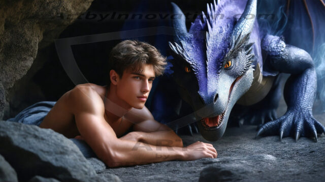 The Dragon Prince - A very attractive shirtless young male prince, with his dragon. The Dragon Prince - A very attractive shirtless young male prince, with a muscular body. Handsome, beautiful facial features, standing next to him a huge dragon, the dragon staring directly at camera, with his piercing eyes, his mouth slightly opened, degerming if we could be a threat.