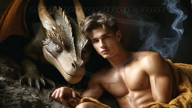 The Dragon Prince - A very attractive shirtless young male prince, with his dragon. The Dragon Prince - A very attractive shirtless young male prince, with a muscular body. Handsome, beautiful facial features, standing next to him a huge dragon, the dragon staring directly at camera, with his piercing eyes, his mouth slightly opened, degerming if we could be a threat.