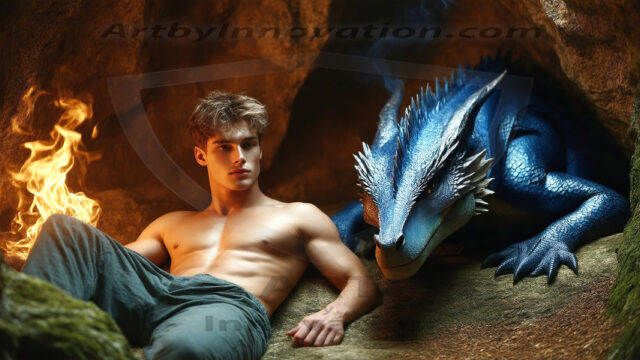 The Dragon Prince - A very attractive shirtless young male prince, with his dragon. The Dragon Prince - A very attractive shirtless young male prince, with a muscular body. Handsome, beautiful facial features, standing next to him a huge dragon, the dragon staring directly at camera, with his piercing eyes, his mouth slightly opened, degerming if we could be a threat.