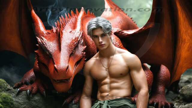 The Dragon Prince - A very attractive shirtless young male prince, with his dragon. The Dragon Prince - A very attractive shirtless young male prince, with a muscular body. Handsome, beautiful facial features, standing next to him a huge dragon, the dragon staring directly at camera, with his piercing eyes, his mouth slightly opened, degerming if we could be a threat.