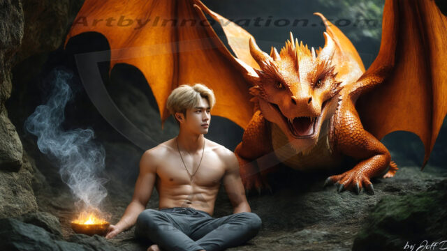 The Dragon Prince - A very attractive shirtless young male prince, with his dragon. The Dragon Prince - A very attractive shirtless young male prince, with a muscular body. Handsome, beautiful facial features, standing next to him a huge dragon, the dragon staring directly at camera, with his piercing eyes, his mouth slightly opened, degerming if we could be a threat.