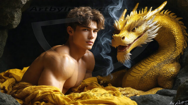 The Dragon Prince - A very attractive shirtless young male prince, with his dragon. The Dragon Prince - A very attractive shirtless young male prince, with a muscular body. Handsome, beautiful facial features, standing next to him a huge dragon, the dragon staring directly at camera, with his piercing eyes, his mouth slightly opened, degerming if we could be a threat.