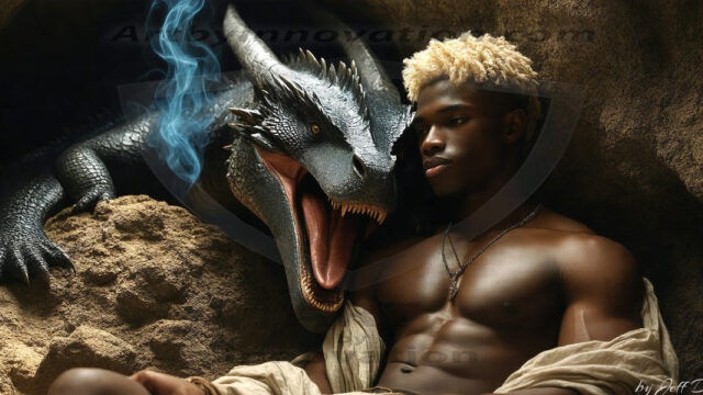The Dragon Prince - A very attractive shirtless young male prince, with his dragon. The Dragon Prince - A very attractive shirtless young male prince, with a muscular body. Handsome, beautiful facial features, standing next to him a huge dragon, the dragon staring directly at camera, with his piercing eyes, his mouth slightly opened, degerming if we could be a threat.