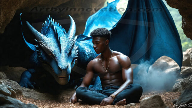 The Dragon Prince - A very attractive shirtless young male prince, with his dragon. The Dragon Prince - A very attractive shirtless young male prince, with a muscular body. Handsome, beautiful facial features, standing next to him a huge dragon, the dragon staring directly at camera, with his piercing eyes, his mouth slightly opened, degerming if we could be a threat.