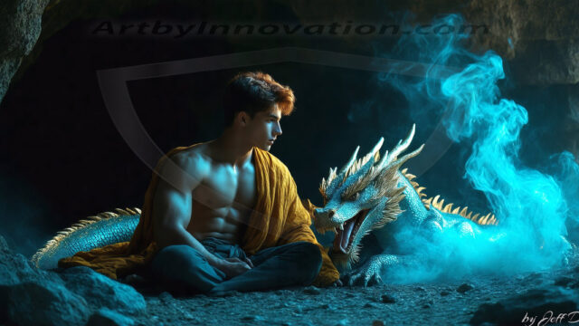 The Dragon Prince - A very attractive shirtless young male prince, with his dragon. The Dragon Prince - A very attractive shirtless young male prince, with a muscular body. Handsome, beautiful facial features, standing next to him a huge dragon, the dragon staring directly at camera, with his piercing eyes, his mouth slightly opened, degerming if we could be a threat.