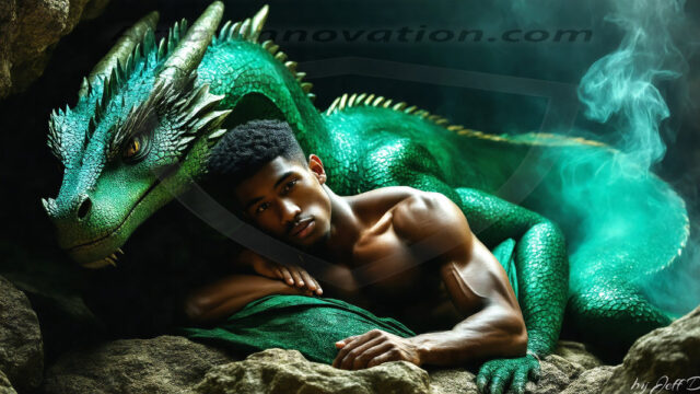 The Dragon Prince - A very attractive shirtless young male prince, with his dragon. The Dragon Prince - A very attractive shirtless young male prince, with a muscular body. Handsome, beautiful facial features, standing next to him a huge dragon, the dragon staring directly at camera, with his piercing eyes, his mouth slightly opened, degerming if we could be a threat.
