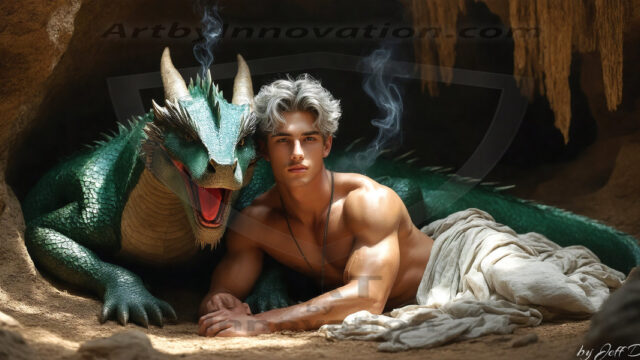 The Dragon Prince - A very attractive shirtless young male prince, with his dragon. The Dragon Prince - A very attractive shirtless young male prince, with a muscular body. Handsome, beautiful facial features, standing next to him a huge dragon, the dragon staring directly at camera, with his piercing eyes, his mouth slightly opened, degerming if we could be a threat.