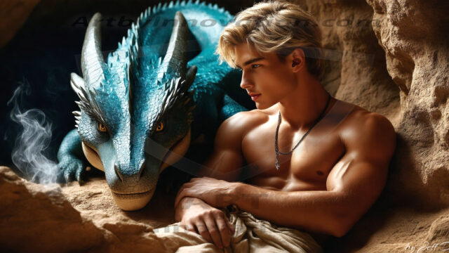 The Dragon Prince - A very attractive shirtless young male prince, with his dragon. The Dragon Prince - A very attractive shirtless young male prince, with a muscular body. Handsome, beautiful facial features, standing next to him a huge dragon, the dragon staring directly at camera, with his piercing eyes, his mouth slightly opened, degerming if we could be a threat.