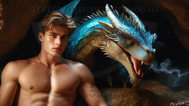The Dragon Prince - A very attractive shirtless young male prince, with his dragon. The Dragon Prince - A very attractive shirtless young male prince, with a muscular body. Handsome, beautiful facial features, standing next to him a huge dragon, the dragon staring directly at camera, with his piercing eyes, his mouth slightly opened, degerming if we could be a threat.