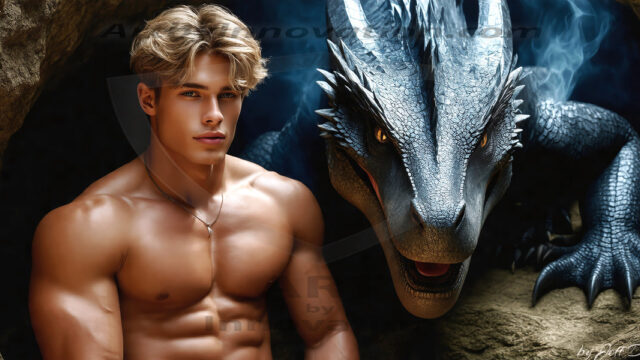 The Dragon Prince - A very attractive shirtless young male prince, with his dragon. The Dragon Prince - A very attractive shirtless young male prince, with a muscular body. Handsome, beautiful facial features, standing next to him a huge dragon, the dragon staring directly at camera, with his piercing eyes, his mouth slightly opened, degerming if we could be a threat.