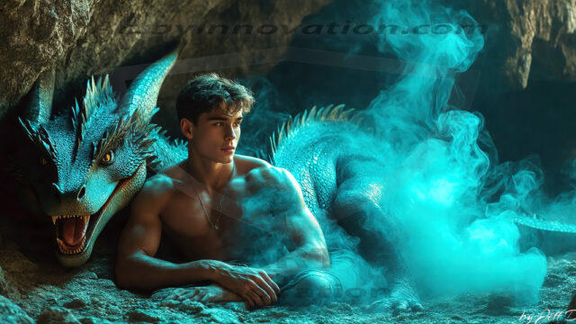 The Dragon Prince - A very attractive shirtless young male prince, with his dragon. The Dragon Prince - A very attractive shirtless young male prince, with a muscular body. Handsome, beautiful facial features, standing next to him a huge dragon, the dragon staring directly at camera, with his piercing eyes, his mouth slightly opened, degerming if we could be a threat.