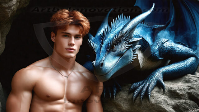 The Dragon Prince - A very attractive shirtless young male prince, with his dragon. The Dragon Prince - A very attractive shirtless young male prince, with a muscular body. Handsome, beautiful facial features, standing next to him a huge dragon, the dragon staring directly at camera, with his piercing eyes, his mouth slightly opened, degerming if we could be a threat.