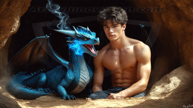 The Dragon Prince - A very attractive shirtless young male prince, with his dragon. The Dragon Prince - A very attractive shirtless young male prince, with a muscular body. Handsome, beautiful facial features, standing next to him a huge dragon, the dragon staring directly at camera, with his piercing eyes, his mouth slightly opened, degerming if we could be a threat.