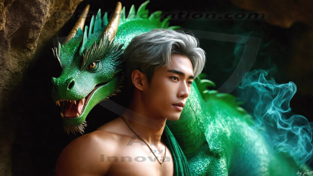 The Dragon Prince - A very attractive shirtless young male prince, with his dragon. The Dragon Prince - A very attractive shirtless young male prince, with a muscular body. Handsome, beautiful facial features, standing next to him a huge dragon, the dragon staring directly at camera, with his piercing eyes, his mouth slightly opened, degerming if we could be a threat.