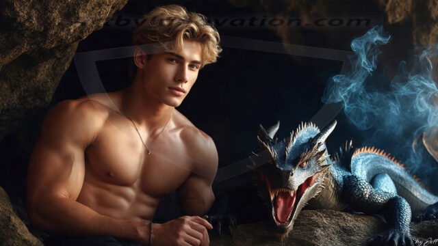 The Dragon Prince - A very attractive shirtless young male prince, with his dragon. The Dragon Prince - A very attractive shirtless young male prince, with a muscular body. Handsome, beautiful facial features, standing next to him a huge dragon, the dragon staring directly at camera, with his piercing eyes, his mouth slightly opened, degerming if we could be a threat.