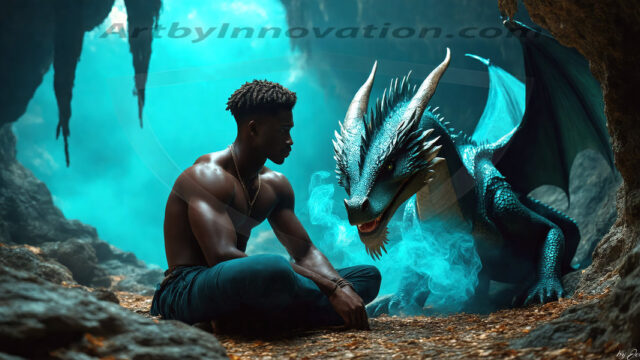 The Dragon Prince - A very attractive shirtless young male prince, with his dragon. The Dragon Prince - A very attractive shirtless young male prince, with a muscular body. Handsome, beautiful facial features, standing next to him a huge dragon, the dragon staring directly at camera, with his piercing eyes, his mouth slightly opened, degerming if we could be a threat.