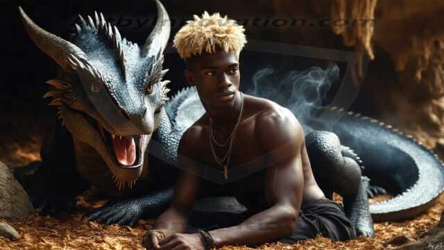 The Dragon Prince - A very attractive shirtless young male prince, with his dragon. The Dragon Prince - A very attractive shirtless young male prince, with a muscular body. Handsome, beautiful facial features, standing next to him a huge dragon, the dragon staring directly at camera, with his piercing eyes, his mouth slightly opened, degerming if we could be a threat.