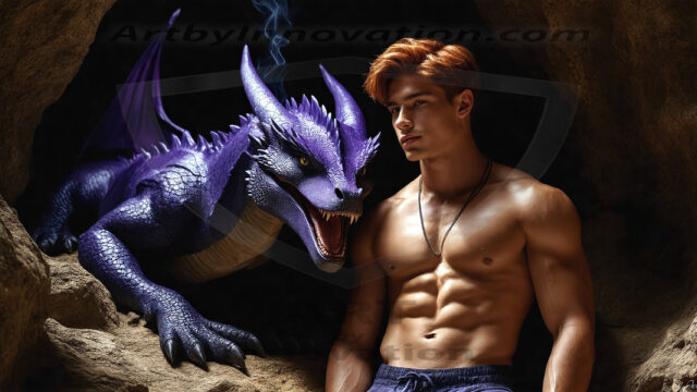 The Dragon Prince - A very attractive shirtless young male prince, with his dragon. The Dragon Prince - A very attractive shirtless young male prince, with a muscular body. Handsome, beautiful facial features, standing next to him a huge dragon, the dragon staring directly at camera, with his piercing eyes, his mouth slightly opened, degerming if we could be a threat.