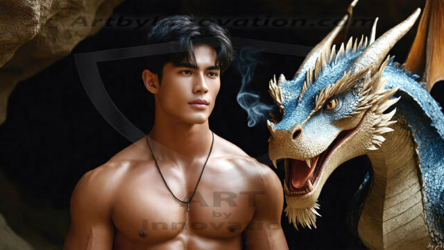 The Dragon Prince - A very attractive shirtless young male prince, with his dragon. The Dragon Prince - A very attractive shirtless young male prince, with a muscular body. Handsome, beautiful facial features, standing next to him a huge dragon, the dragon staring directly at camera, with his piercing eyes, his mouth slightly opened, degerming if we could be a threat.