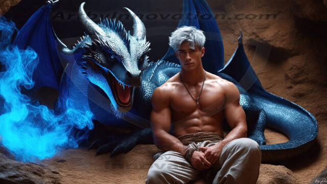 The Dragon Prince - A very attractive shirtless young male prince, with his dragon. The Dragon Prince - A very attractive shirtless young male prince, with a muscular body. Handsome, beautiful facial features, standing next to him a huge dragon, the dragon staring directly at camera, with his piercing eyes, his mouth slightly opened, degerming if we could be a threat.