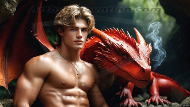 The Dragon Prince - A very attractive shirtless young male prince, with his dragon. The Dragon Prince - A very attractive shirtless young male prince, with a muscular body. Handsome, beautiful facial features, standing next to him a huge dragon, the dragon staring directly at camera, with his piercing eyes, his mouth slightly opened, degerming if we could be a threat.