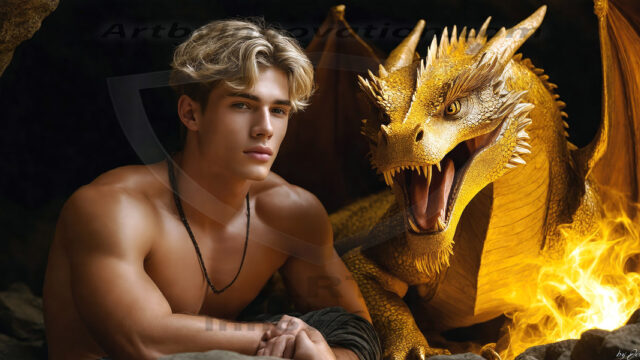 The Dragon Prince - A very attractive shirtless young male prince, with his dragon. The Dragon Prince - A very attractive shirtless young male prince, with a muscular body. Handsome, beautiful facial features, standing next to him a huge dragon, the dragon staring directly at camera, with his piercing eyes, his mouth slightly opened, degerming if we could be a threat.