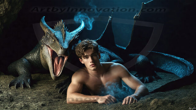 The Dragon Prince - A very attractive shirtless young male prince, with his dragon. The Dragon Prince - A very attractive shirtless young male prince, with a muscular body. Handsome, beautiful facial features, standing next to him a huge dragon, the dragon staring directly at camera, with his piercing eyes, his mouth slightly opened, degerming if we could be a threat.