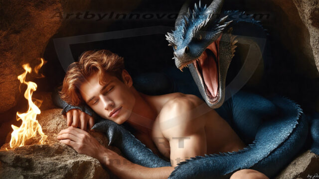 The Dragon Prince - A very attractive shirtless young male prince, with his dragon. The Dragon Prince - A very attractive shirtless young male prince, with a muscular body. Handsome, beautiful facial features, standing next to him a huge dragon, the dragon staring directly at camera, with his piercing eyes, his mouth slightly opened, degerming if we could be a threat.