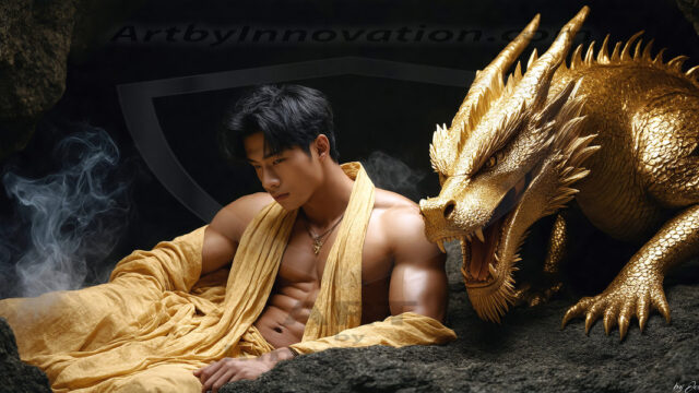 The Dragon Prince - A very attractive shirtless young male prince, with his dragon. The Dragon Prince - A very attractive shirtless young male prince, with a muscular body. Handsome, beautiful facial features, standing next to him a huge dragon, the dragon staring directly at camera, with his piercing eyes, his mouth slightly opened, degerming if we could be a threat.