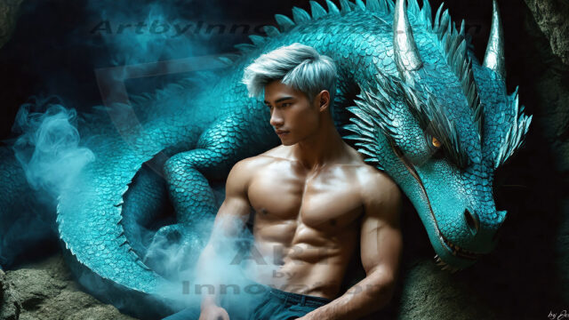 The Dragon Prince - A very attractive shirtless young male prince, with his dragon. The Dragon Prince - A very attractive shirtless young male prince, with a muscular body. Handsome, beautiful facial features, standing next to him a huge dragon, the dragon staring directly at camera, with his piercing eyes, his mouth slightly opened, degerming if we could be a threat.