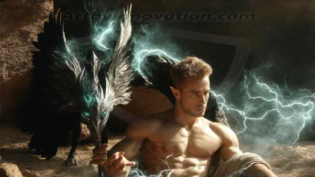 The Dragon Prince - A very attractive shirtless young male prince, with his dragon. The Dragon Prince - A very attractive shirtless young male prince, with a muscular body. Handsome, beautiful facial features, standing next to him a huge dragon, the dragon staring directly at camera, with his piercing eyes, his mouth slightly opened, degerming if we could be a threat.