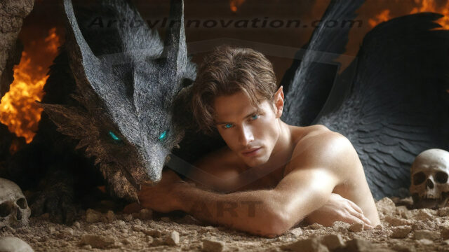 The Dragon Prince - A very attractive shirtless young male prince, with his dragon. The Dragon Prince - A very attractive shirtless young male prince, with a muscular body. Handsome, beautiful facial features, standing next to him a huge dragon, the dragon staring directly at camera, with his piercing eyes, his mouth slightly opened, degerming if we could be a threat.