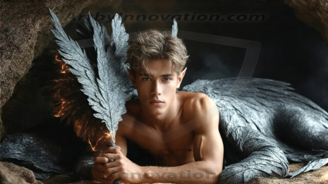 The Dragon Prince - A very attractive shirtless young male prince, with his dragon. The Dragon Prince - A very attractive shirtless young male prince, with a muscular body. Handsome, beautiful facial features, standing next to him a huge dragon, the dragon staring directly at camera, with his piercing eyes, his mouth slightly opened, degerming if we could be a threat.