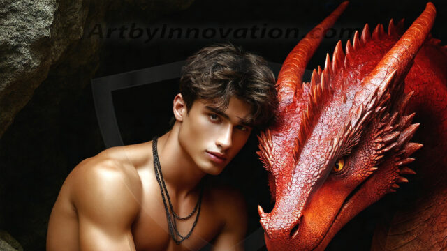 The Dragon Prince - A very attractive shirtless young male prince, with his dragon. The Dragon Prince - A very attractive shirtless young male prince, with a muscular body. Handsome, beautiful facial features, standing next to him a huge dragon, the dragon staring directly at camera, with his piercing eyes, his mouth slightly opened, degerming if we could be a threat.