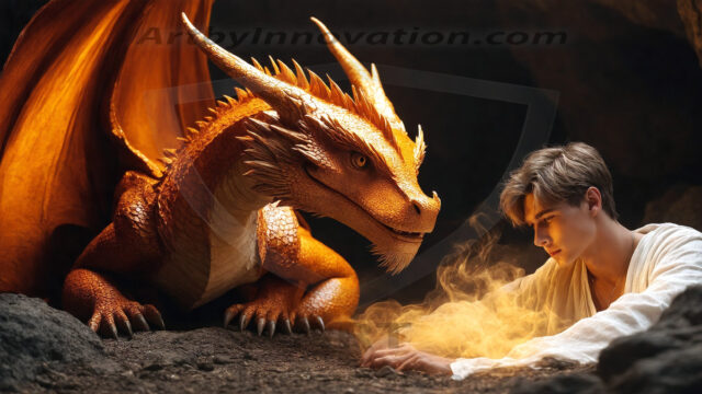 The Dragon Prince - A very attractive shirtless young male prince, with his dragon. The Dragon Prince - A very attractive shirtless young male prince, with a muscular body. Handsome, beautiful facial features, standing next to him a huge dragon, the dragon staring directly at camera, with his piercing eyes, his mouth slightly opened, degerming if we could be a threat.