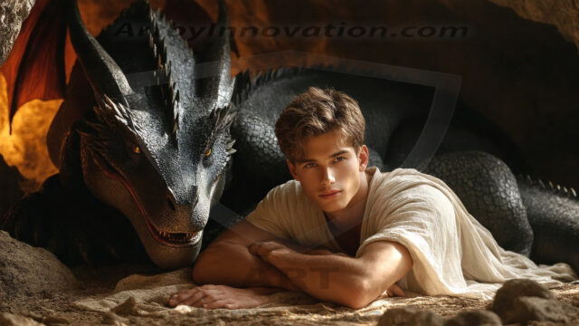 The Dragon Prince - A very attractive shirtless young male prince, with his dragon. The Dragon Prince - A very attractive shirtless young male prince, with a muscular body. Handsome, beautiful facial features, standing next to him a huge dragon, the dragon staring directly at camera, with his piercing eyes, his mouth slightly opened, degerming if we could be a threat.