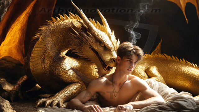 The Dragon Prince - A very attractive shirtless young male prince, with his dragon. The Dragon Prince - A very attractive shirtless young male prince, with a muscular body. Handsome, beautiful facial features, standing next to him a huge dragon, the dragon staring directly at camera, with his piercing eyes, his mouth slightly opened, degerming if we could be a threat.