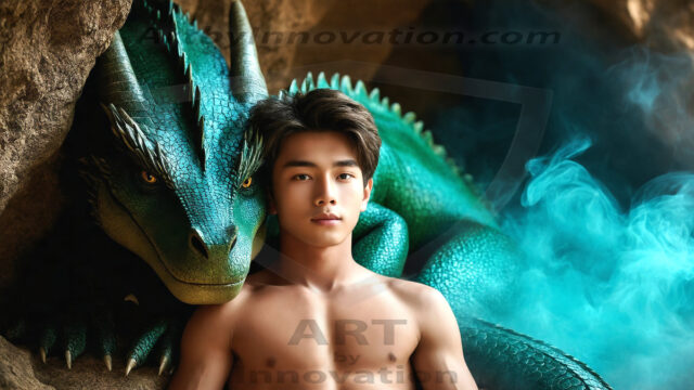 The Dragon Prince - A very attractive shirtless young male prince, with his dragon. The Dragon Prince - A very attractive shirtless young male prince, with a muscular body. Handsome, beautiful facial features, standing next to him a huge dragon, the dragon staring directly at camera, with his piercing eyes, his mouth slightly opened, degerming if we could be a threat.
