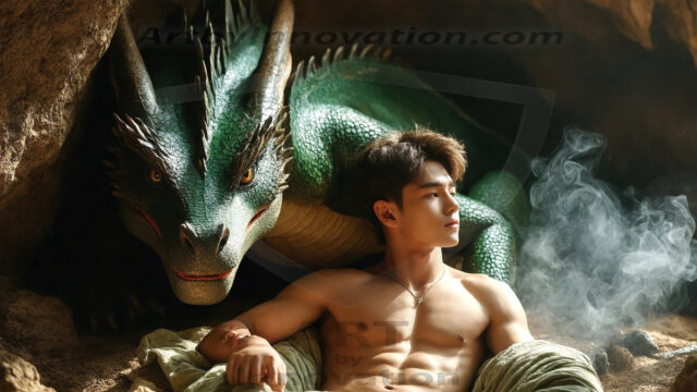 The Dragon Prince - A very attractive shirtless young male prince, with his dragon. The Dragon Prince - A very attractive shirtless young male prince, with a muscular body. Handsome, beautiful facial features, standing next to him a huge dragon, the dragon staring directly at camera, with his piercing eyes, his mouth slightly opened, degerming if we could be a threat.