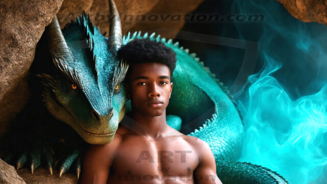 The Dragon Prince - A very attractive shirtless young male prince, with his dragon. The Dragon Prince - A very attractive shirtless young male prince, with a muscular body. Handsome, beautiful facial features, standing next to him a huge dragon, the dragon staring directly at camera, with his piercing eyes, his mouth slightly opened, degerming if we could be a threat.