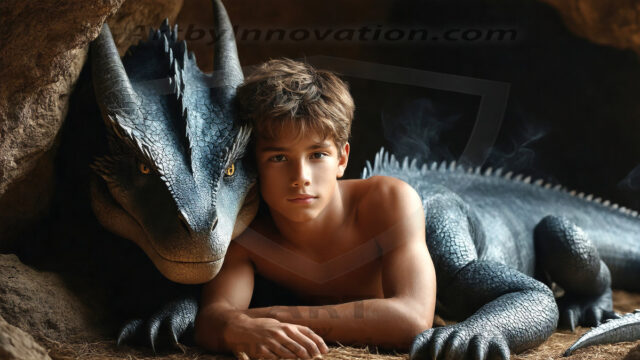 The Dragon Prince - A very attractive shirtless young male prince, with his dragon. The Dragon Prince - A very attractive shirtless young male prince, with a muscular body. Handsome, beautiful facial features, standing next to him a huge dragon, the dragon staring directly at camera, with his piercing eyes, his mouth slightly opened, degerming if we could be a threat.