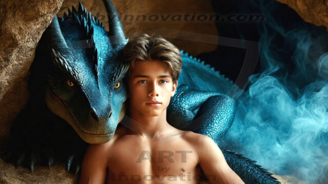 The Dragon Prince - A very attractive shirtless young male prince, with his dragon. The Dragon Prince - A very attractive shirtless young male prince, with a muscular body. Handsome, beautiful facial features, standing next to him a huge dragon, the dragon staring directly at camera, with his piercing eyes, his mouth slightly opened, degerming if we could be a threat.