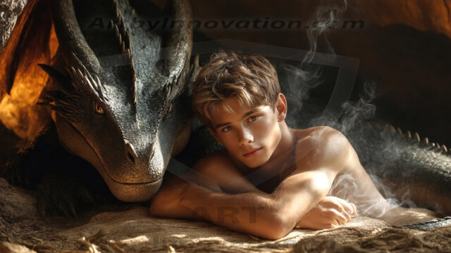 The Dragon Prince - A very attractive shirtless young male prince, with his dragon. The Dragon Prince - A very attractive shirtless young male prince, with a muscular body. Handsome, beautiful facial features, standing next to him a huge dragon, the dragon staring directly at camera, with his piercing eyes, his mouth slightly opened, degerming if we could be a threat.