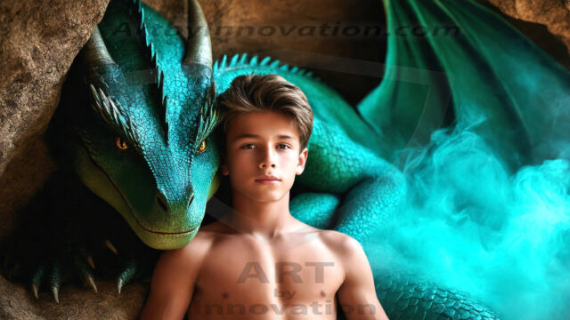 The Dragon Prince - A very attractive shirtless young male prince, with his dragon. The Dragon Prince - A very attractive shirtless young male prince, with a muscular body. Handsome, beautiful facial features, standing next to him a huge dragon, the dragon staring directly at camera, with his piercing eyes, his mouth slightly opened, degerming if we could be a threat.