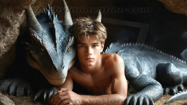 The Dragon Prince - A very attractive shirtless young male prince, with his dragon. The Dragon Prince - A very attractive shirtless young male prince, with a muscular body. Handsome, beautiful facial features, standing next to him a huge dragon, the dragon staring directly at camera, with his piercing eyes, his mouth slightly opened, degerming if we could be a threat.