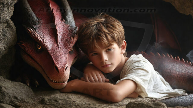 The Dragon Prince - A very attractive shirtless young male prince, with his dragon. The Dragon Prince - A very attractive shirtless young male prince, with a muscular body. Handsome, beautiful facial features, standing next to him a huge dragon, the dragon staring directly at camera, with his piercing eyes, his mouth slightly opened, degerming if we could be a threat.